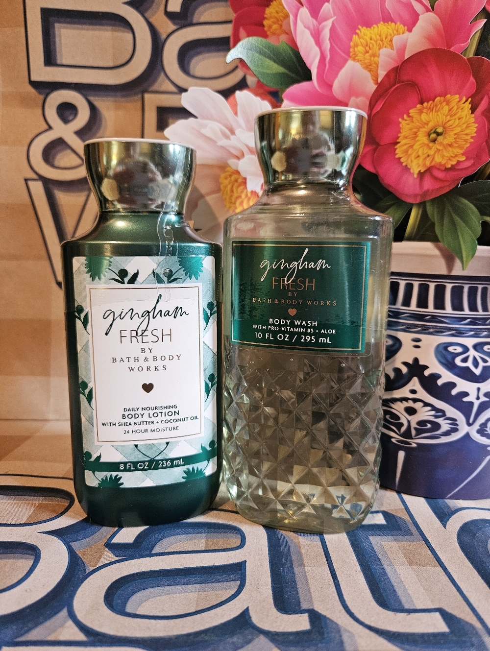 NWT Bath & Body Works Gingham Fresh Bodycare Set - Green & White